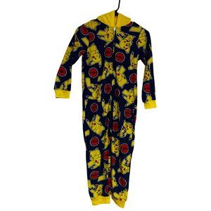 Pokemon Pikachu Hooded One Piece Pajamas Boys Size 6/7 Fleece Zip Up